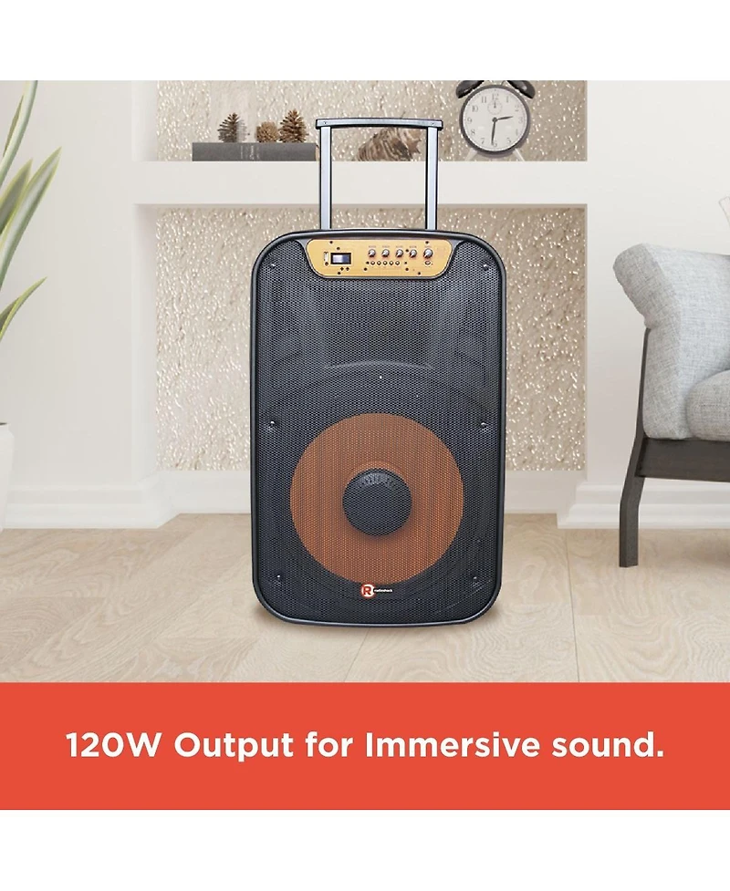 RadioShack 120W 15 inch Party Tower Pa Speaker with Lights, Fm Radio, and Rechargeable Battery and Wheels For Mobility 4001945