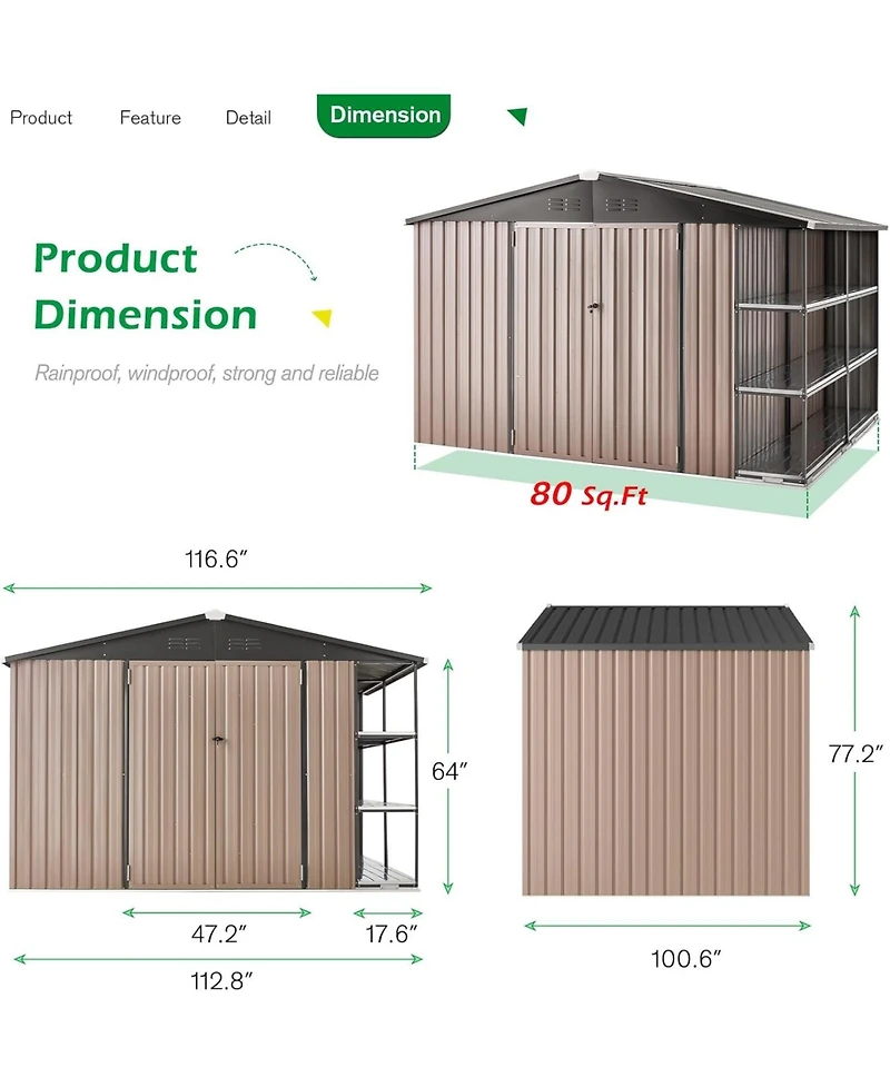 Aecojoy 10x8 Ft Storage Shed with Rack