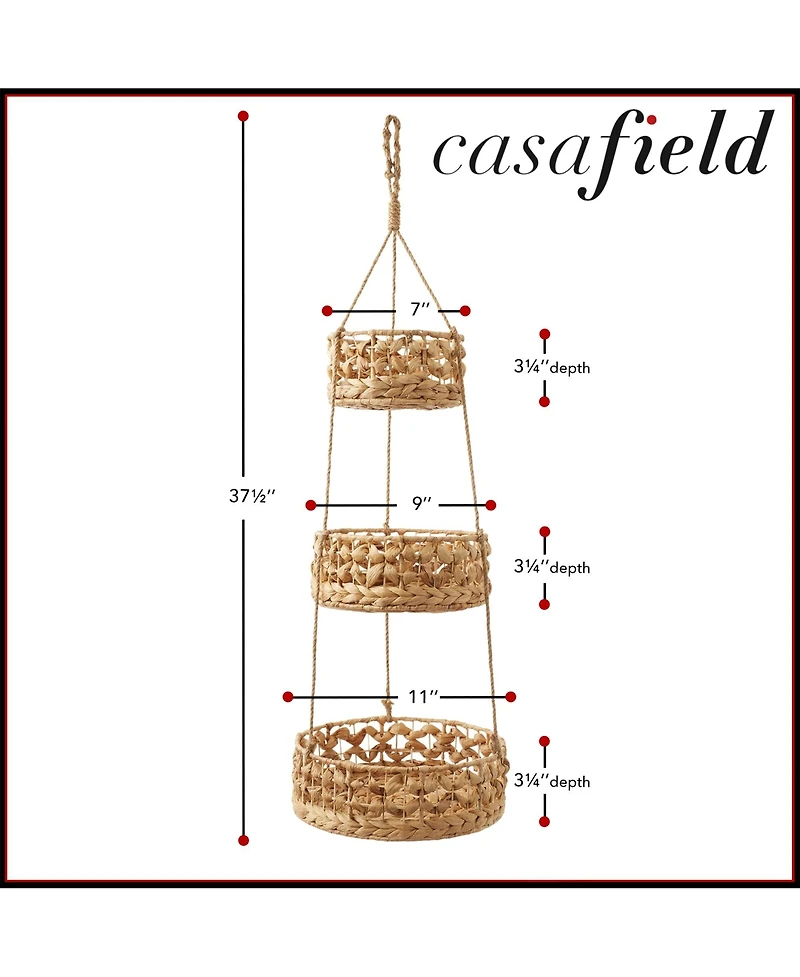 Casafield 3-Tier Hanging Fruit Basket Set, Natural Water Hyacinth Storage Baskets for Produce, Herbs, Plants, Boho Kitchen Pantry Storage Organizer