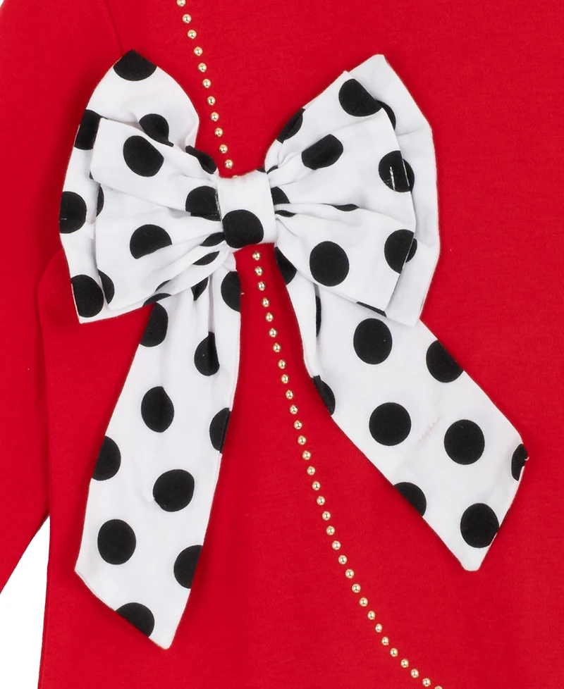 Rare Editions Little Girls Interlock Dress with Polka-Dot Statement Bow