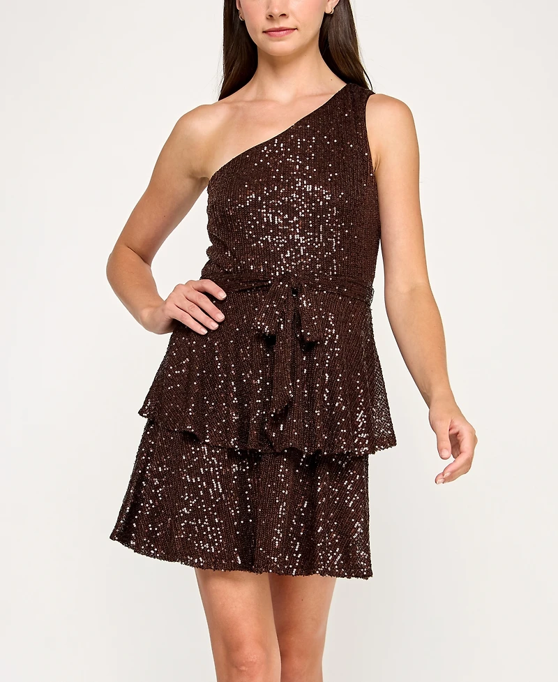 Row A Juniors' One Shoulder Sequin Embellished Short Dress