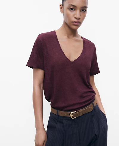 Mango Women's V-Neck Linen T-Shirt