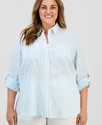 Charter Club Plus 100% Linen Striped Button-Front Shirt, Macy's Exclusive