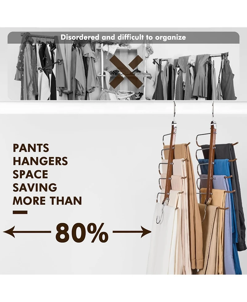 Wood Space Saving Pants Organize Hangers Non Slip Multi Functional Pants Rack Walnut 2 Pack