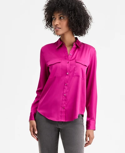 On 34th Women's Button-Front Long-Sleeve Satin Utility Shirt, Created for Macy's