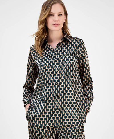 Anne Klein Women's Printed Collared Button-Down Blouse