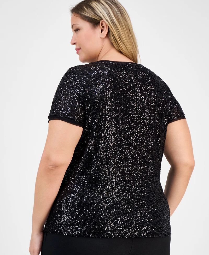 Anne Klein Plus Sequin Short-Sleeve Crewneck Tee