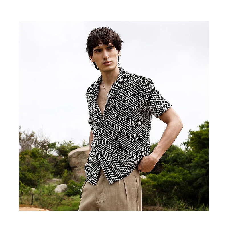 Campus Sutra Men's Midnight Black & Powder White Contrast Rhombus Oversized Shirt