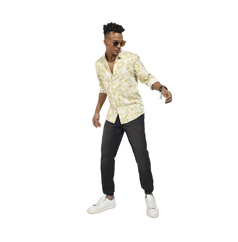 Campus Sutra Men's Artistic Foliage Print Button Up Shirt