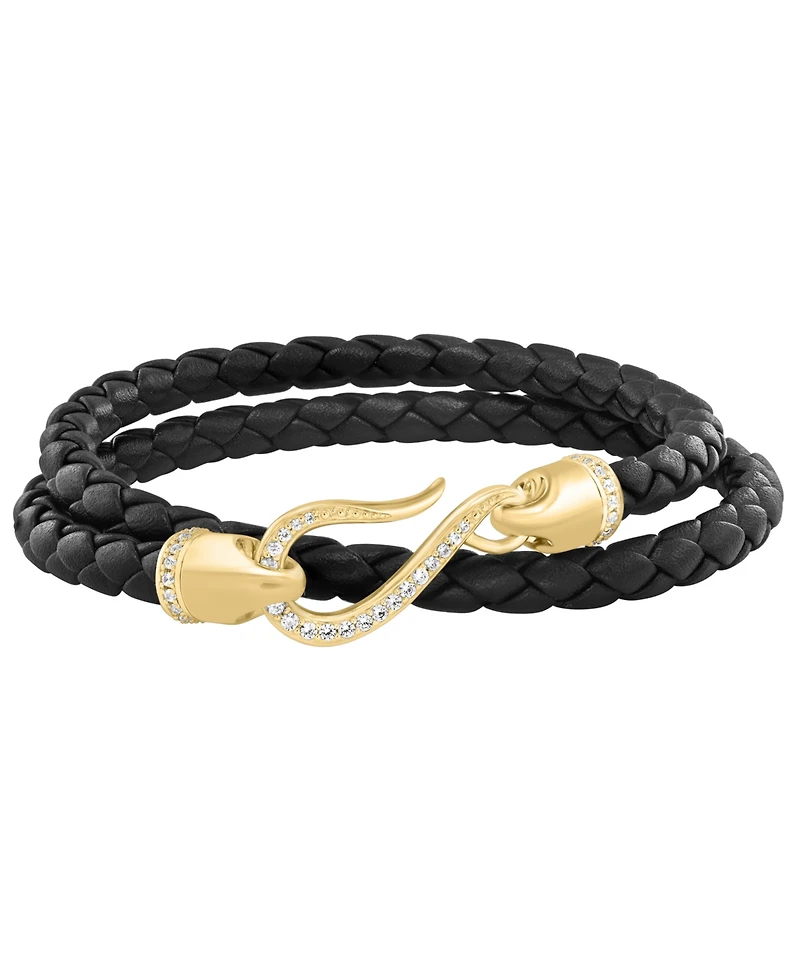 Effy Collection White Zircon Black Leather Bracelet (3/4 ct. t.w.) in Gold Plated Silver