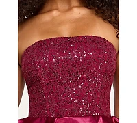 Seni & Cade Juniors' Strapless Satin Tiered Skirt Dress