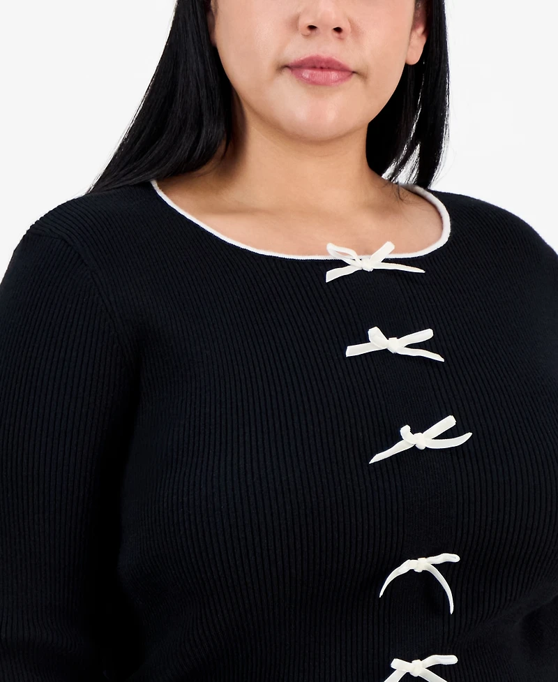 Madden Girl Trendy Plus Bow-Front Ribbed Crewneck Sweater