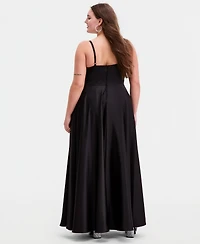 B Darlin Trendy Plus Spaghetti Strap V-Neck Pleated Gown