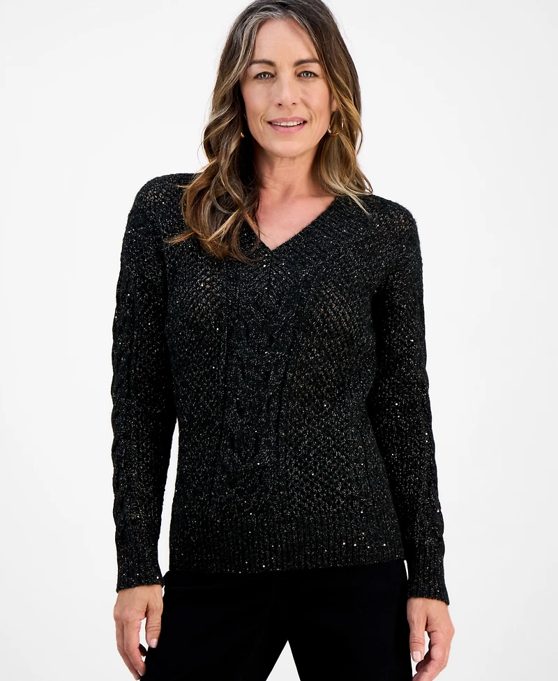 Style & Co Petite Sequin Cable-Knit Sweater, Macy's Exclusive