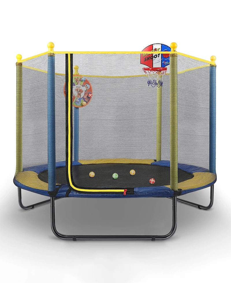 Kids Mini Trampoline with Safety Net and Basketball Hoop for Indoor/Outdoor Use