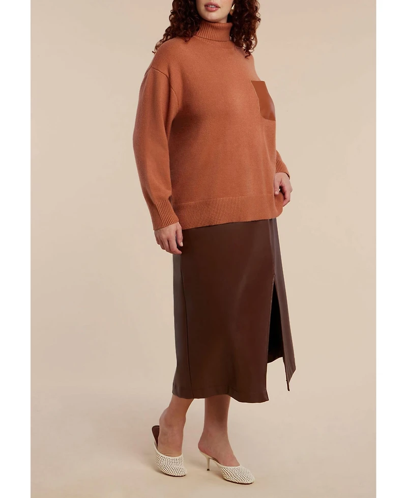 Eloquii Women's Plus Faux Leather Pocket Turtleneck Sweater