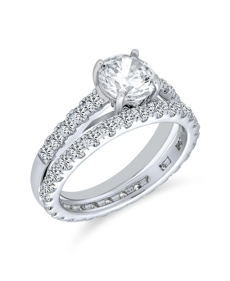 Bling Jewelry Classic Sterling Silver Princess Cut Cz Solitaire & Eternity Band Ring Set