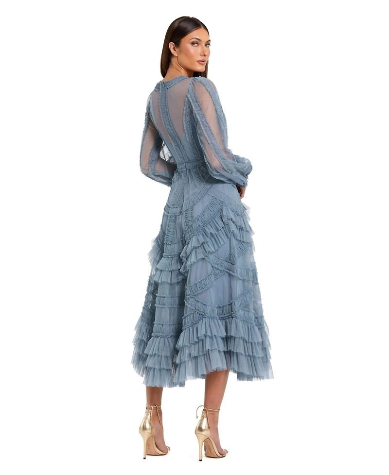 Mac Duggal Women's Long Sleeve V Neck Mesh Micro Ruffle Midi Dress