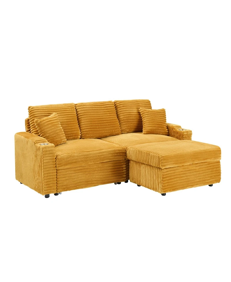 Streamdale 80" Foldable Corduroy Chaise Sofa with Storage, Cup Holders, Footrest