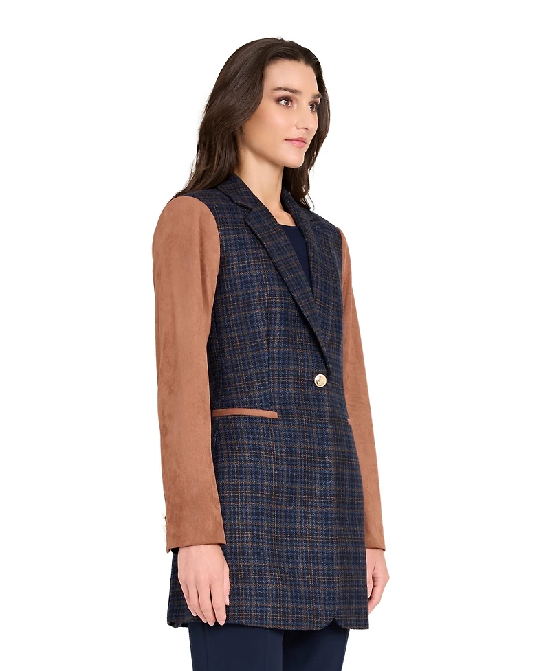 Tahari Asl Women's Mixed Media Plaid One-Button Jacket with Suede Sleeves