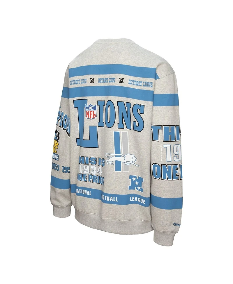 Mitchell & Ness Men's Heather Gray Detroit Lions All Over Print Fleece Crewneck Sweatshirt