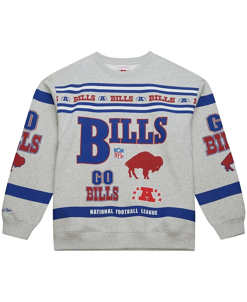 Mitchell & Ness Men's Heather Gray Buffalo Bills All Over Print Fleece Crewneck Sweatshirt