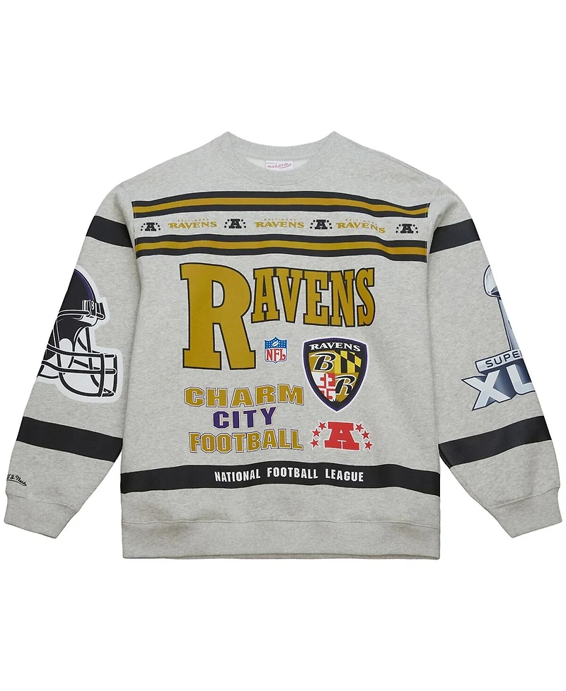 Mitchell & Ness Men's Heather Gray Baltimore Ravens All Over Print Fleece Crewneck Sweatshirt