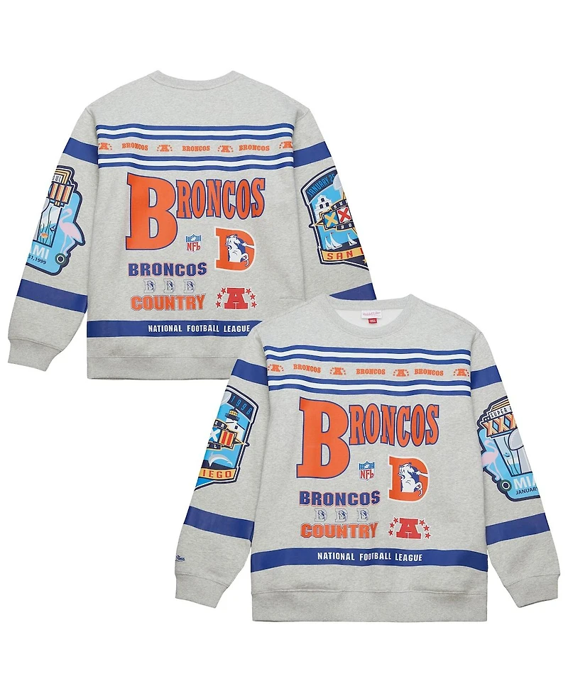 Mitchell & Ness Men's Heather Gray Denver Broncos All Over Print Fleece Crewneck Sweatshirt