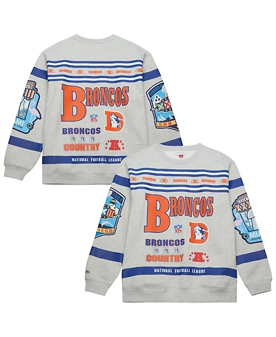 Mitchell & Ness Men's Heather Gray Denver Broncos All Over Print Fleece Crewneck Sweatshirt