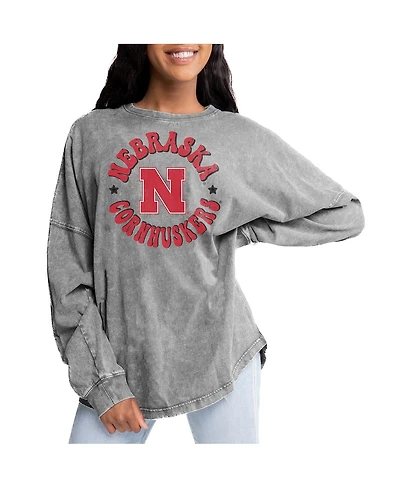 Gameday Couture Women's Gray Nebraska Huskers Playing Around Faded Wash Oversized Long Sleeve T-Shirt