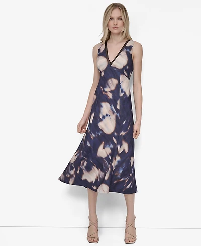 Dkny Women's Sleeveless V Neck Fit and Flare Midi Dress
