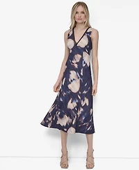 Dkny Women's Sleeveless V Neck Fit and Flare Midi Dress