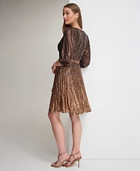 Dkny Women's Long Sleeve Ombre Faux Wrap Sequin Dress