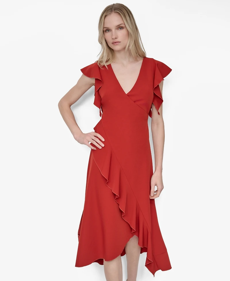Dkny Women's Ruffle Sleeve V Neck Midi Dress