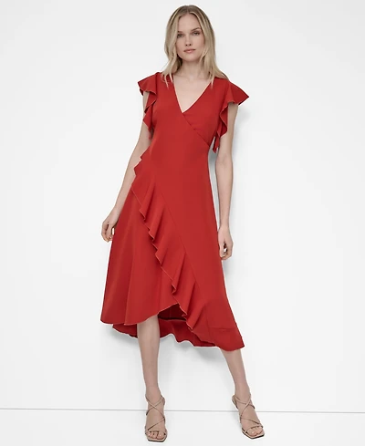 Dkny Women's Ruffle Sleeve V Neck Midi Dress