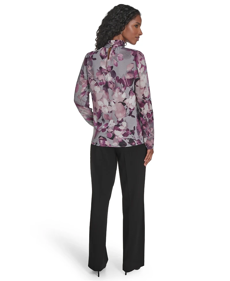 Calvin Klein Women's Mock Neck Long Sleeve Chiffon Blouse