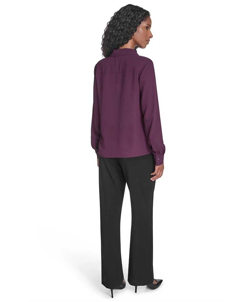 Calvin Klein Women's Solid Long Sleeve Ruffle Front Blouse
