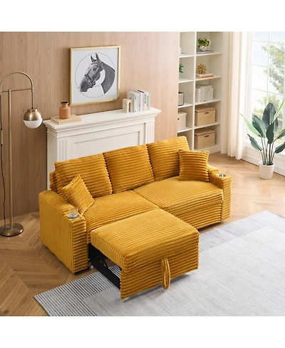 Streamdale Furniture 80" Orange Corduroy Pull-Out Sofa Bed w/ Cup Holder