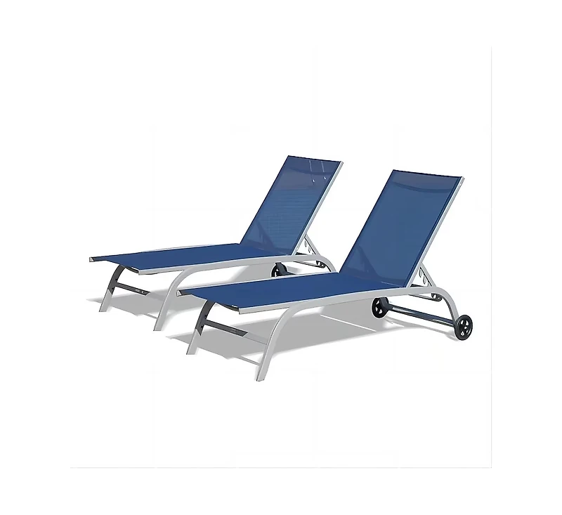 Clihome Chaise Lounge Outdoor Set of 2,Woven Stackable Gray Aluminum Frame Stationary Chair with Blue Woven Seat