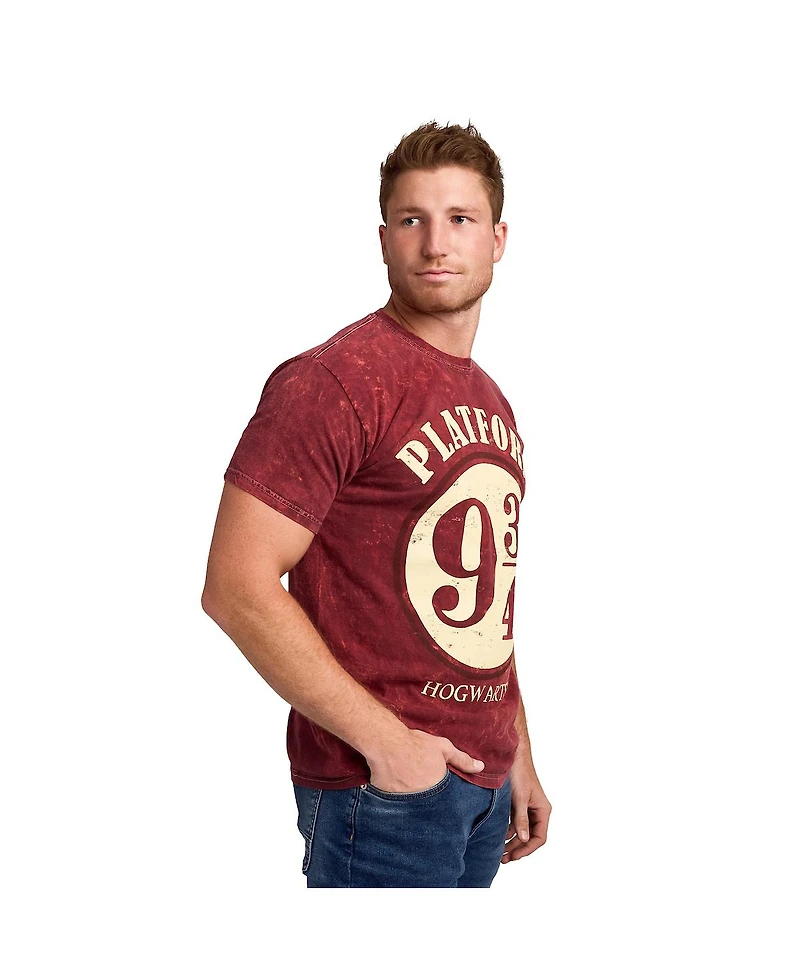 Harry Potter Men's Platform 9 ¾ Maroon Mineral Wash Crew Neck Short Sleeve