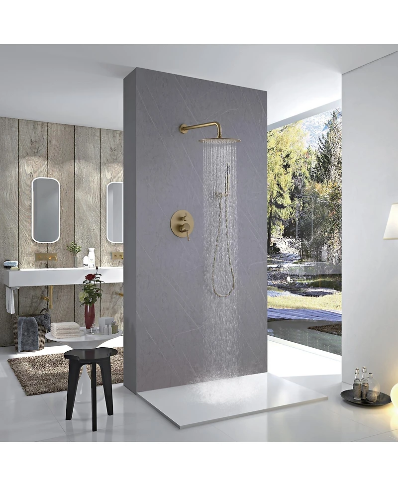 Greenspring 1-Handle 2-Spray Rain Shower Faucet and Hand Combo Kit Brushed Gold (Valve Included)