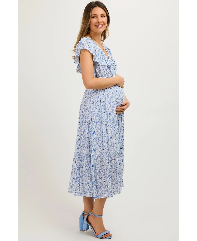 Pinkblush Blue Floral Front Ruched Ruffle Shoulder Tiered Maternity Midi Dress