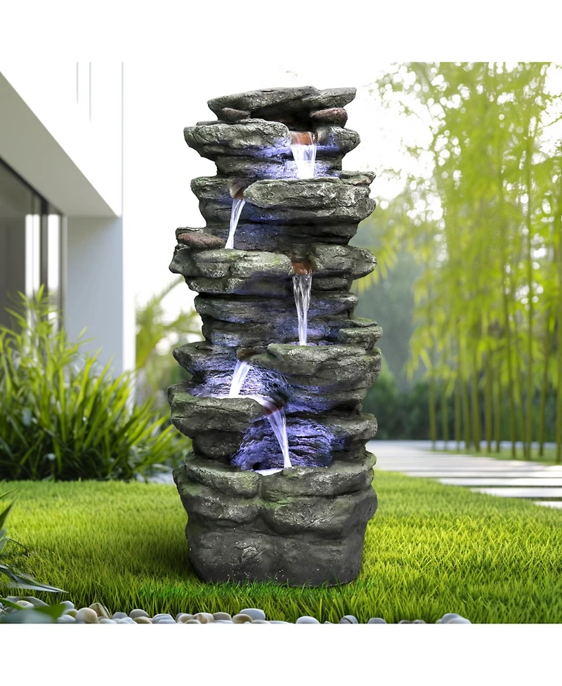 SunJet 40" High 6-Tiers Cascading Rock Outdoor Water Fountain with Led Lights