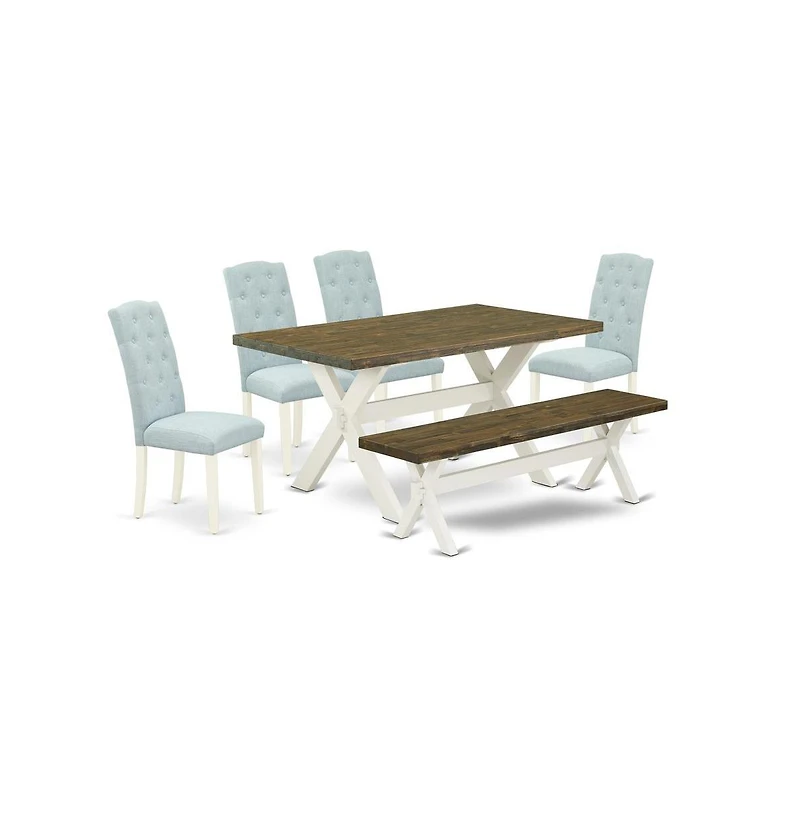 East West Furniture X076CE215-6 6-Pc Kitchen and Dining Room Set- 4 Parson Chairs with Baby Blue Linen Fabric Seat and Button Tufted Chair Back