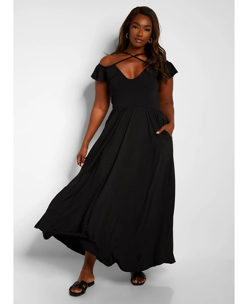 Rebdolls Plus Ruffle Sleeve Maxi A Line Dress W. Pockets - Black