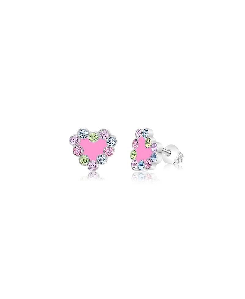 Chanteur/Girl/Heart Pink Crystal Enamel White Gold Palladium Screwstud Earring