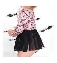 Sweet Wink Baby Girls Bat Trellis Printed Halloween Long Sleeve Tutu Bodysuit