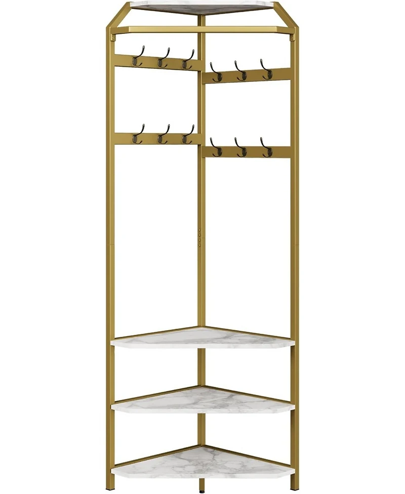 gaomon Corner Coat Rack With Shoe Bench and 6 Double Hooks, Corner Hall Tree