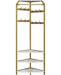 gaomon Corner Coat Rack With Shoe Bench and 6 Double Hooks, Corner Hall Tree