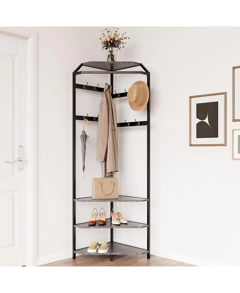 gaomon Corner Coat Rack with Shoe Bench Entryway and 12 Double Hooks, Corner Hall Tree